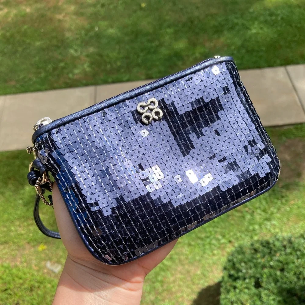 Coach Navy Blue Sparkle Sequins Zipper Pouch Wristlet Cosmetic Bag Purse Wallet